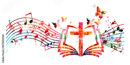Colorful christian cross with music notes isolated vector illustration. Religion themed background. Design for gospel church music, choir singing, concert, festival, Christianity, prayer	
