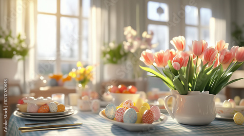 Easter brunch table with tulips and colorful eggs by sunny window