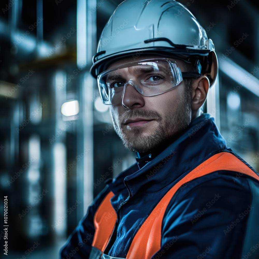Engineer with protective eyewear and gear standing in industrial environment Engineer with protective eyewear and gear standing in industrial environment