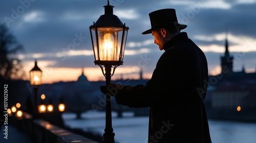 Twilight on charles bridge  a lamplighter illuminates lanterns in prague s enchanting evening glow photo