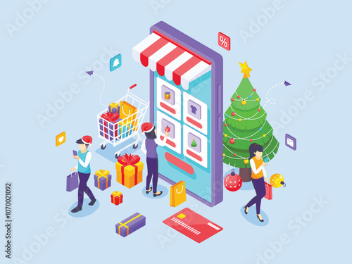 People are buying stuff via a giant smartphone on Christmas sale day. Christmas Shopping Online concept. Isometric Vector Illustration