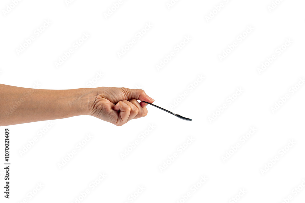 Plastic Ice cream spoons in hand on transparent background. Plastic Ice cream spoons in hand on transparent background.