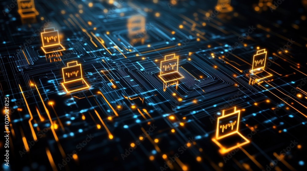 Abstract digital network with glowing circuits and battery icons in a technological landscape. Abstract digital network with glowing circuits and battery icons in a technological landscape.