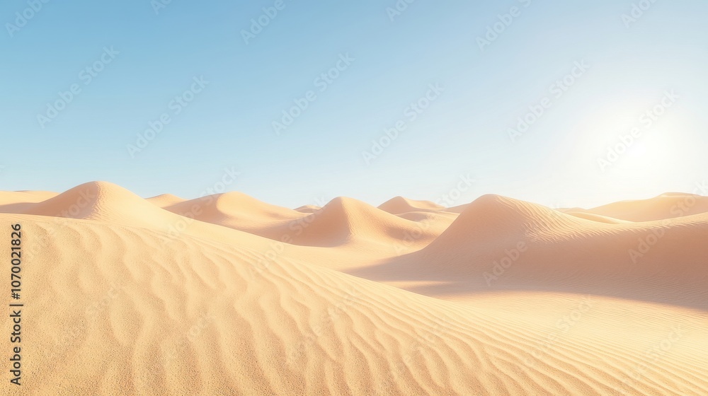 A serene desert landscape with soft, rolling sand dunes under a bright blue sky. A serene desert landscape with soft, rolling sand dunes under a bright blue sky.