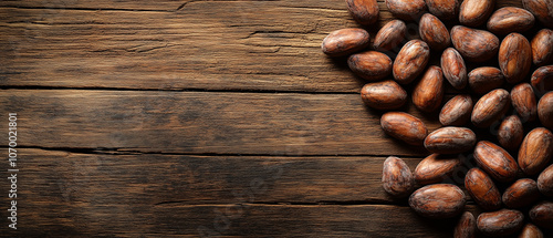 Cocoa Beans on Rustic Wooden Background.