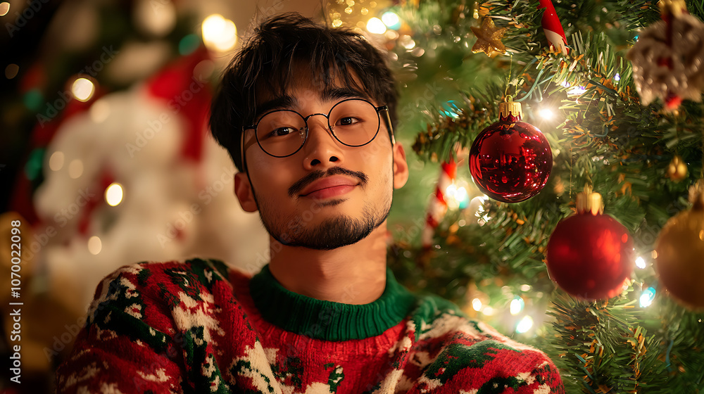Man in Christmas Sweater by Christmas Tree Man in Christmas Sweater by Christmas Tree