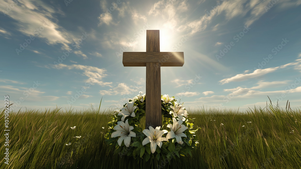 Wooden Easter cross with lilies at sunset in open field Wooden Easter cross with lilies at sunset in open field