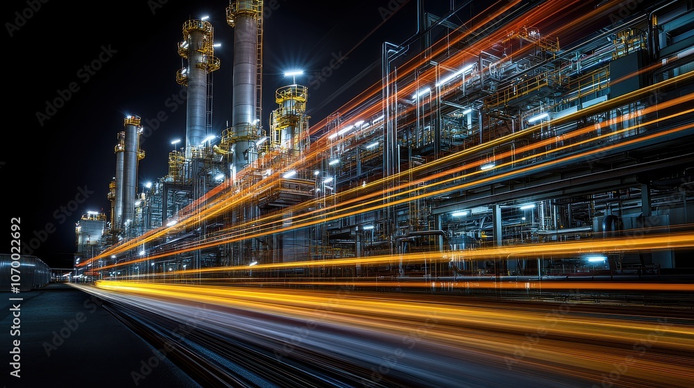 A stunning night shot of an industrial facility with vibrant light trails showcasing energy and innovation. A stunning night shot of an industrial facility with vibrant light trails showcasing energy and innovation.