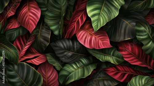 Wallpaper Mural A vibrant arrangement of tropical leaves featuring deep greens, reds, and dark hues for a lush, exotic feel. Torontodigital.ca