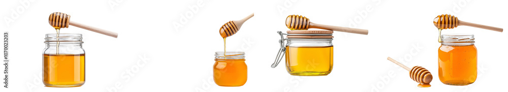 An isolated honey jar and honey dipper with a drop of honey on a white or transparent background An isolated honey jar and honey dipper with a drop of honey on a white or transparent background