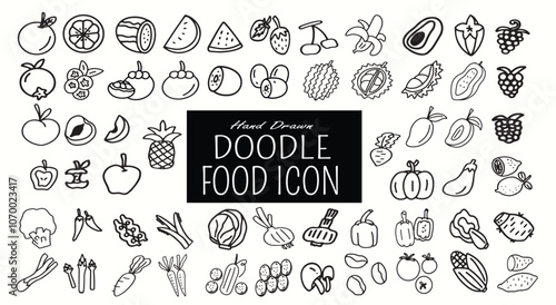 Set  of  outline doodles  food, vegetable, fruit on white background. Hand drawn elements icons.Vector illustation