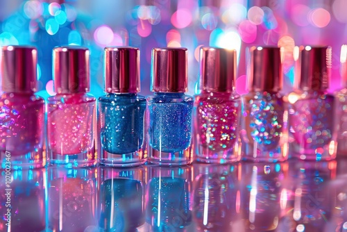 nail polish bottles on blue background with bokeh glitter effect.