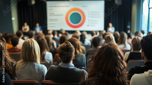 Wallpaper Mural Business meeting with audience and presentation screen, symbolizing strategy and optimization. Torontodigital.ca