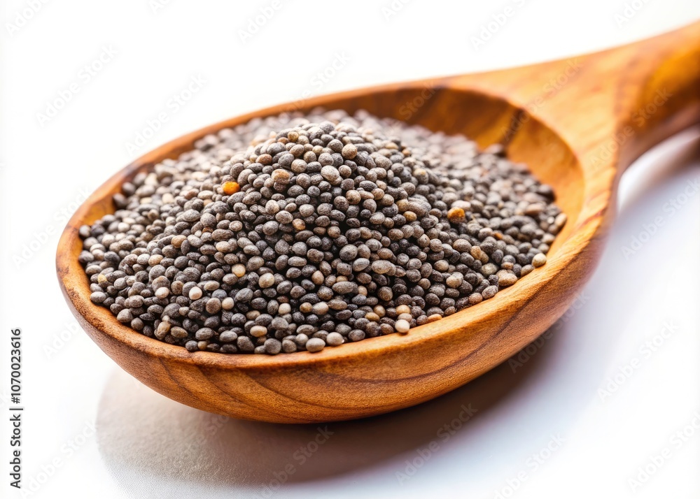 Chia Seeds in Wooden Spoon on White Background - Macro Photography with Copy Space for Text and Design Chia Seeds in Wooden Spoon on White Background - Macro Photography with Copy Space for Text and Design