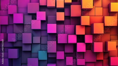 An abstract composition of colorful 3D cubes in shades of purple, pink, and orange, creating a vibrant digital backdrop.