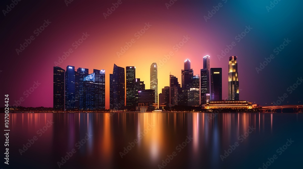 The image shows a silhouette of a city skyline at night, with tall buildings illuminated by lights and a colorful sunset in the background. The city is reflected in the still water below. The image shows a silhouette of a city skyline at night, with tall buildings illuminated by lights and a colorful sunset in the background. The city is reflected in the still water below.
