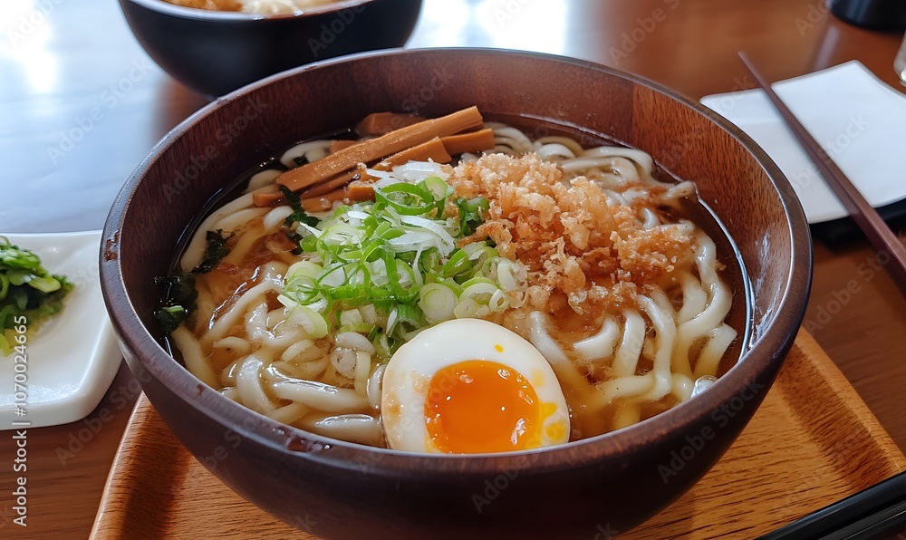 Japanese udon noodles in a wooden bowl, Generative AI Japanese udon noodles in a wooden bowl, Generative AI