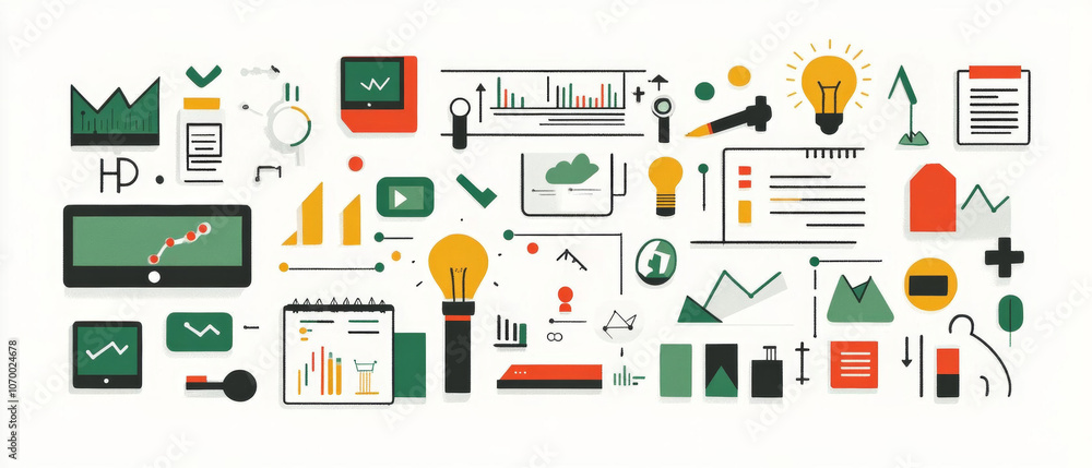 Digital concept of strategic planning with graphs, charts, and data analysis tools. This vibrant illustration showcases various elements like light bulbs, screens, and documents, symbolizing Digital concept of strategic planning with graphs, charts, and data analysis tools. This vibrant illustration showcases various elements like light bulbs, screens, and documents, symbolizing