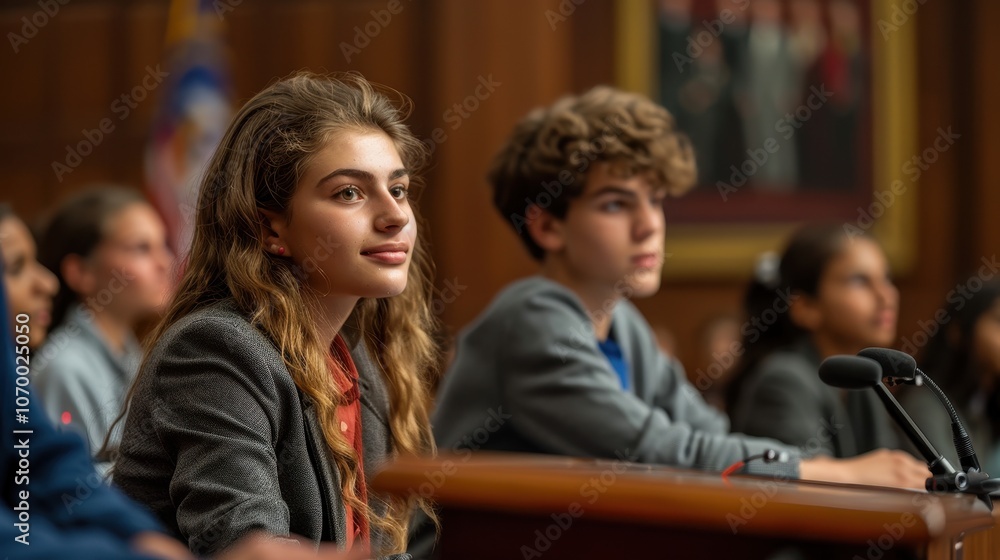 Obraz premium Young individuals engaged in a serious discussion in a courtroom setting.