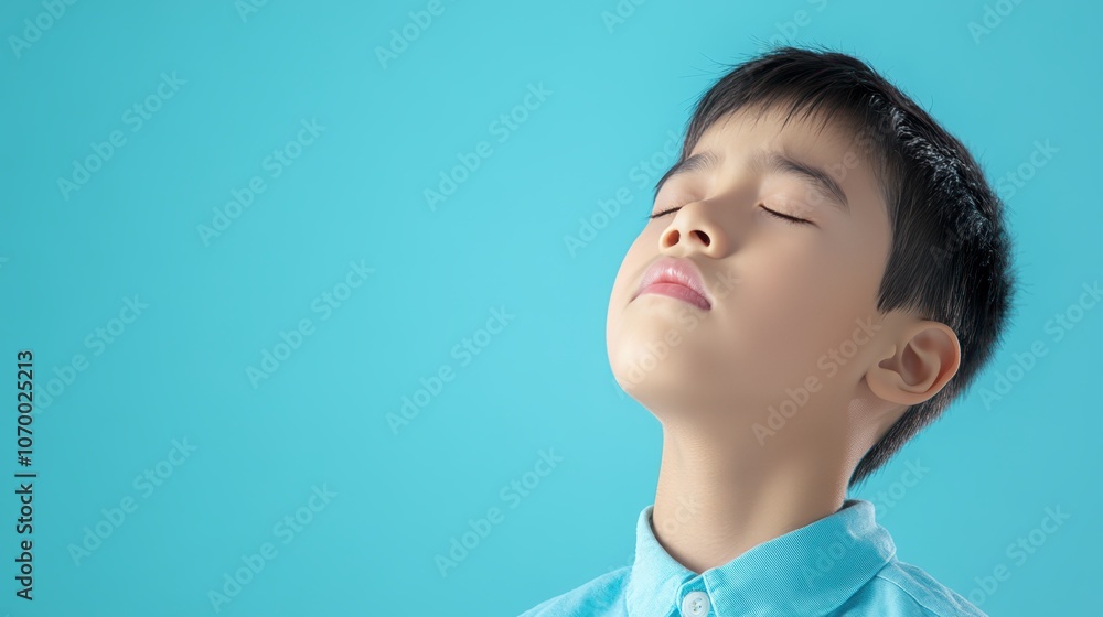 Serene slumber, a young boy sleeps peacefully against tranquil blue backdrop, capturing the essence of childhood innocence and restful dreams Serene slumber, a young boy sleeps peacefully against tranquil blue backdrop, capturing the essence of childhood innocence and restful dreams