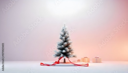 Simple and minimalistic Christmas background with clean lines, soft white snowflakes, and a single, elegant Christmas tree in the center.