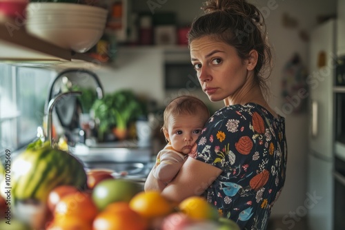 A mother gazes thoughtfully while holding her baby in a cozy kitchen. Fresh fruits and vibrant colors bring warmth and comfort to this nurturing scene. Generative AI photo