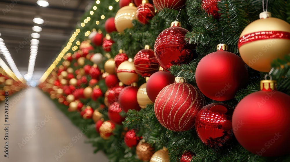 Glimmering row of red and gold holiday ornaments, a festive decoration for warmth cheer Glimmering row of red and gold holiday ornaments, a festive decoration for warmth cheer