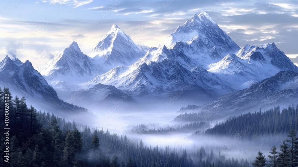 Breathtaking panoramic view of majestic snow-capped mountains surrounded by a misty forest during twilight. Breathtaking panoramic view of majestic snow-capped mountains surrounded by a misty forest during twilight.