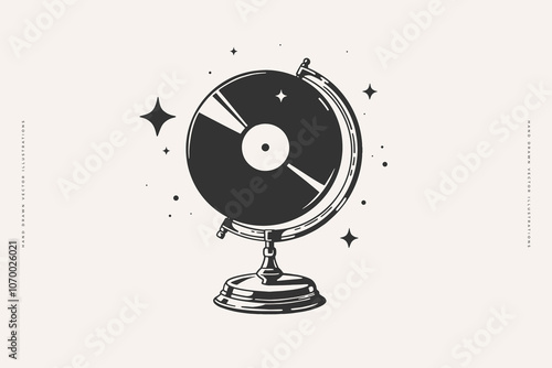 Hand-drawn illustration of a vinyl record mounted as a globe, with stars around it. Minimalistic design combining music and travel themes, ideal for creative projects.