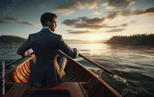 businessman in suit rowing into a alke, metaphor of overcoming difficulties and working hard photo