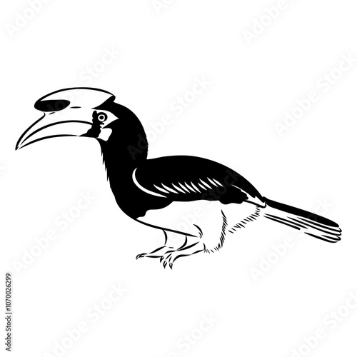 Rhinoceros hornbill. Vector sketch of hand drawn bird. Linear animals art.