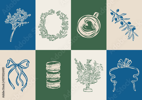 Minimal Dolce Vita vector illustration collection. Art for greeting cards, wedding invitations, poster design, postcards, branding, logo design, background. Matisse style doodles.
