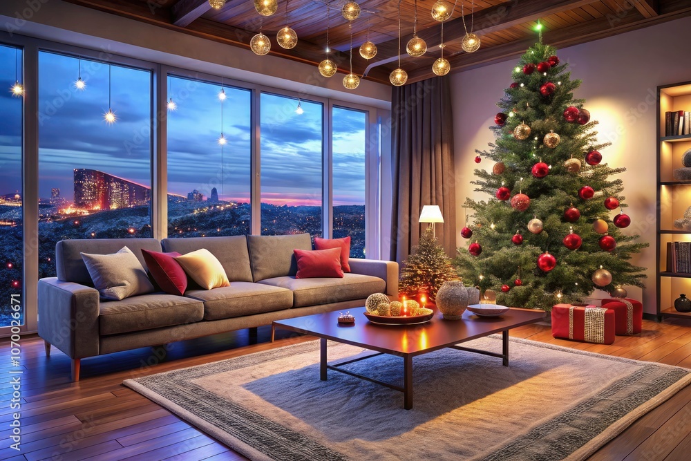 Cozy Modern Living Room with Christmas Tree at Night - Festive Holiday Decor, Warm Lighting, Stylish Furniture, and Seasonal Atmosphere for Home Interior Photography Cozy Modern Living Room with Christmas Tree at Night - Festive Holiday Decor, Warm Lighting, Stylish Furniture, and Seasonal Atmosphere for Home Interior Photography