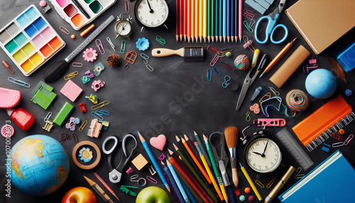 Overhead view of school supplies on a chalkboard, showcasing pencils, paper, apples, and other tools for education and creativity