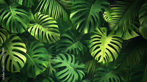 Vibrant green tropical leaves create a lush, calming backdrop, perfect for nature-inspired designs.