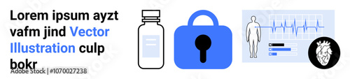 Medication bottle, blue padlock, ECG monitor with human figure, and lorem ipsum text in an abstract layout. Ideal for medical security, healthcare technology, data protection, pharmaceutical