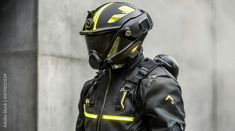 Abstract Marketing Background Featuring a Firefighter in Futuristic Protective Gear and Helmet. The Design Showcases Reflective Materials and Built-in LED Lights to Enhance Visual Effects, Creating a Abstract Marketing Background Featuring a Firefighter in Futuristic Protective Gear and Helmet. The Design Showcases Reflective Materials and Built-in LED Lights to Enhance Visual Effects, Creating a
