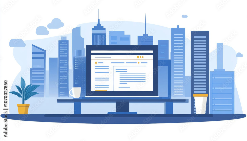 Obraz premium modern workspace featuring computer monitor displaying website mockup, surrounded by city skyline. scene conveys professional and creative atmosphere