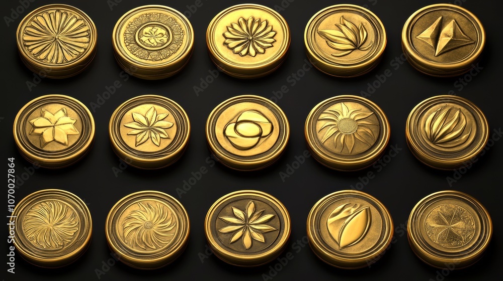 A 3D set of golden coins representing wealth, prosperity, and luxury. A 3D set of golden coins representing wealth, prosperity, and luxury.