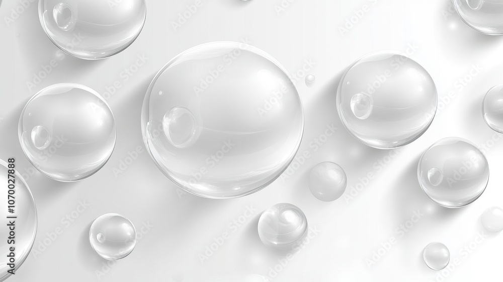 Close-up of translucent water bubbles on a smooth white surface, creating a serene and clean aesthetic. Close-up of translucent water bubbles on a smooth white surface, creating a serene and clean aesthetic.