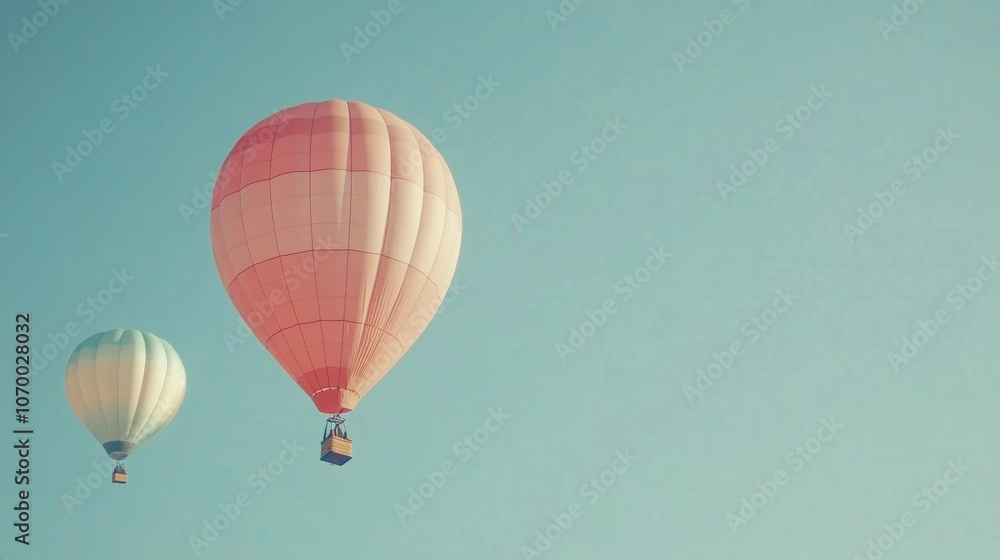 Obraz premium Whimsical hot air balloons floating in clear blue sky, creating serene and dreamy atmosphere