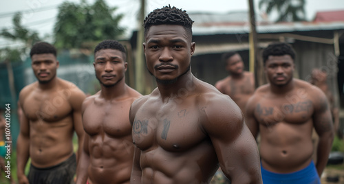 Group of Muscular Men Posing Outdoors in Rain