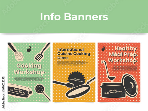 Banners inviting to join exciting weekend cooking master classes on international cuisine and healthy food