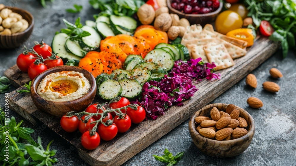 Vegan charcuterie board featuring fresh veggies hummus nuts fruits