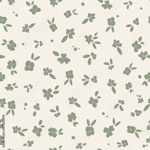 Cottagecore Floral vector seamless pattern with ditsy tossed flowers on light celadon background. Simple and versatile retro cottage everyday ditsy floral backdrop in calming green tones