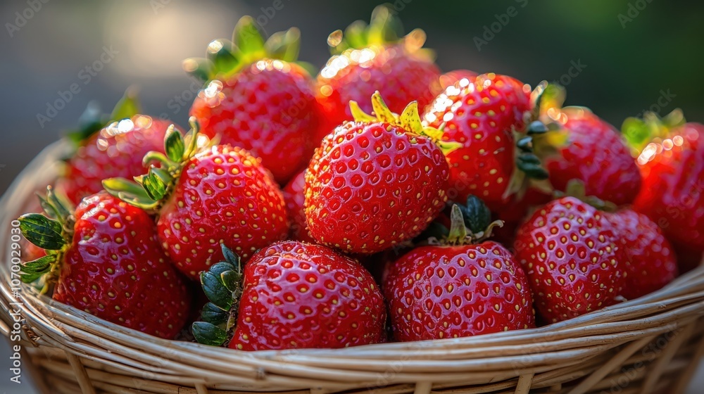 Freshly picked strawberries in a wicker basket under soft sunlight outdoors Freshly picked strawberries in a wicker basket under soft sunlight outdoors