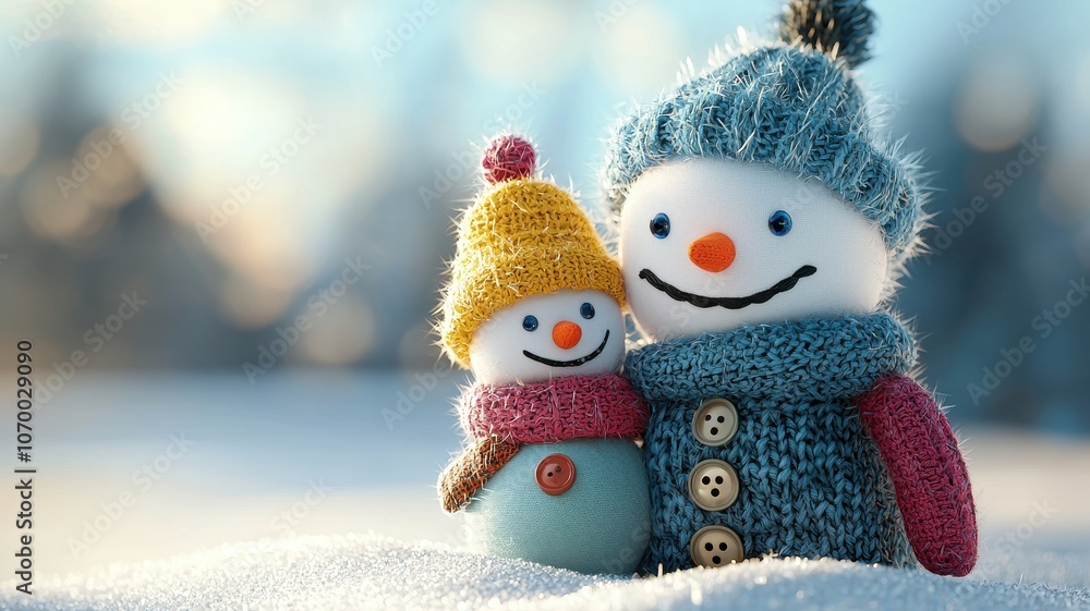 A charming snowman and a small snow-child embrace in a snowy landscape, adorned with colorful knitted hats and scarves, radiating a cozy winter spirit. A charming snowman and a small snow-child embrace in a snowy landscape, adorned with colorful knitted hats and scarves, radiating a cozy winter spirit.