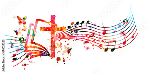 Colorful christian cross with music notes isolated vector illustration. Religion themed background. Design for gospel church music, choir singing, concert, festival, Christianity, prayer	