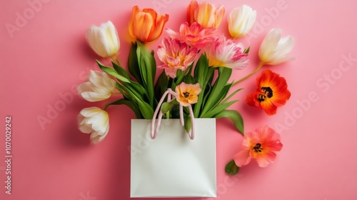 Wallpaper Mural Colorful Tulips in a Gift Bag on Pink Background Torontodigital.ca