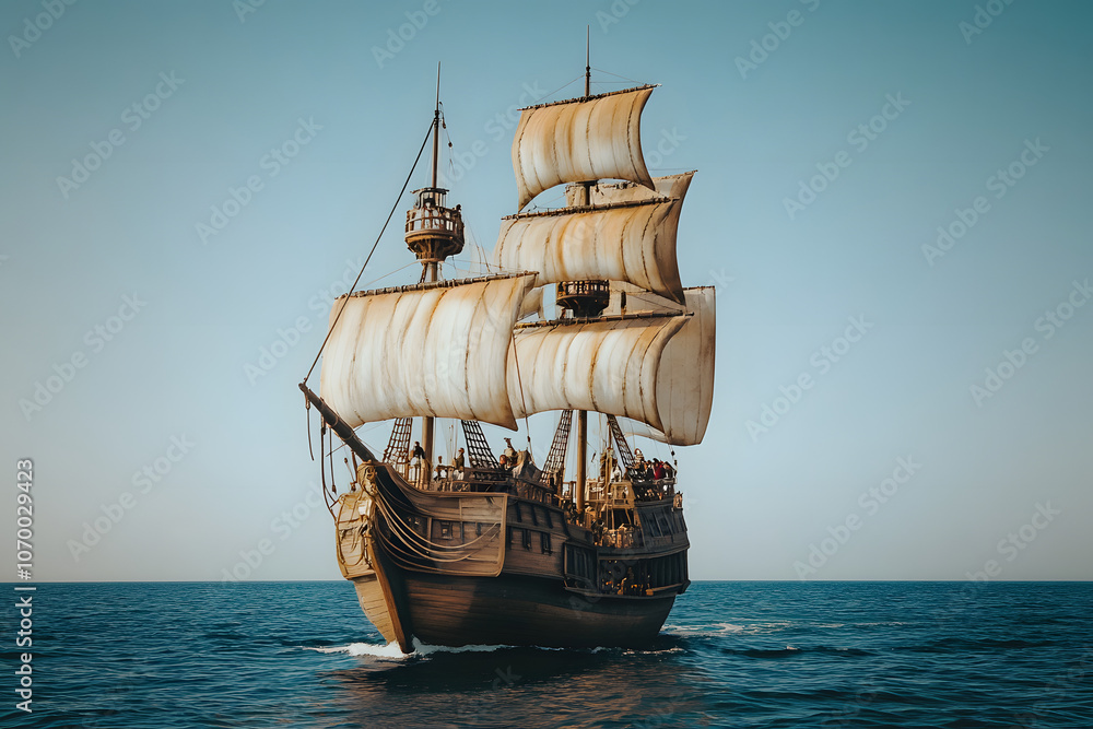 Golden Age Pirate Ship Sailing on Tranquil Seas Golden Age Pirate Ship Sailing on Tranquil Seas